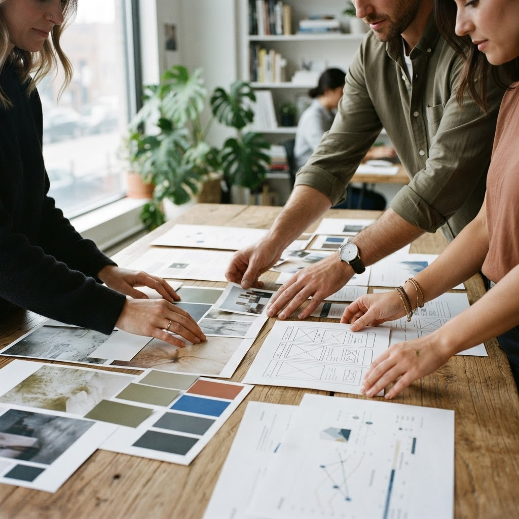 Creative team arranging strategy and design materials