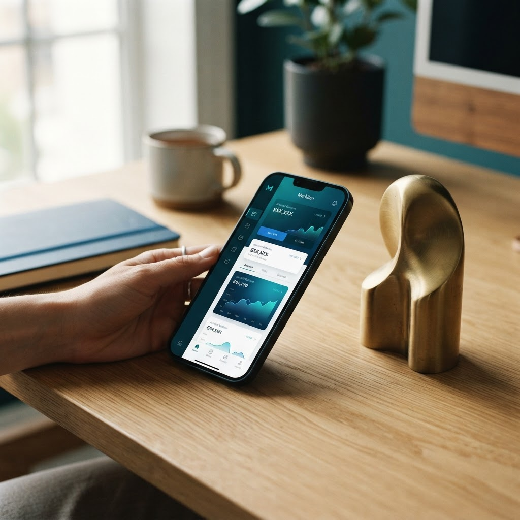 Meridian fintech mobile banking product on a warm editorial desk